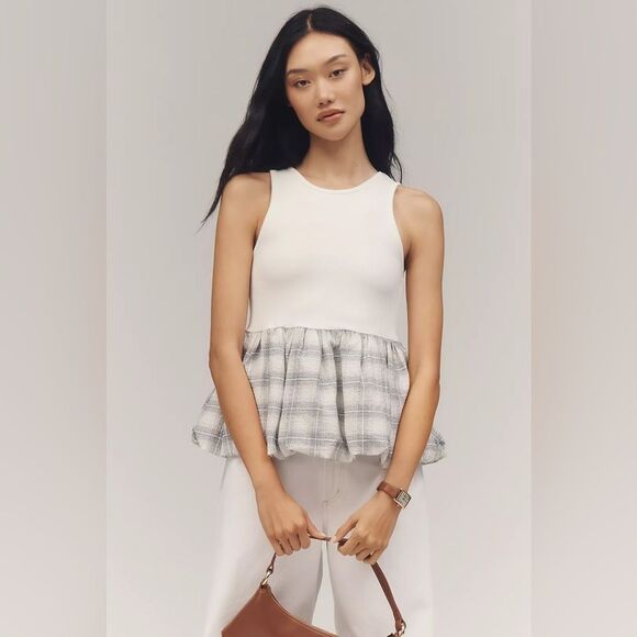 Anthropologie White and Gray Plaid Peplum Tank Top - Picture 1 of 7